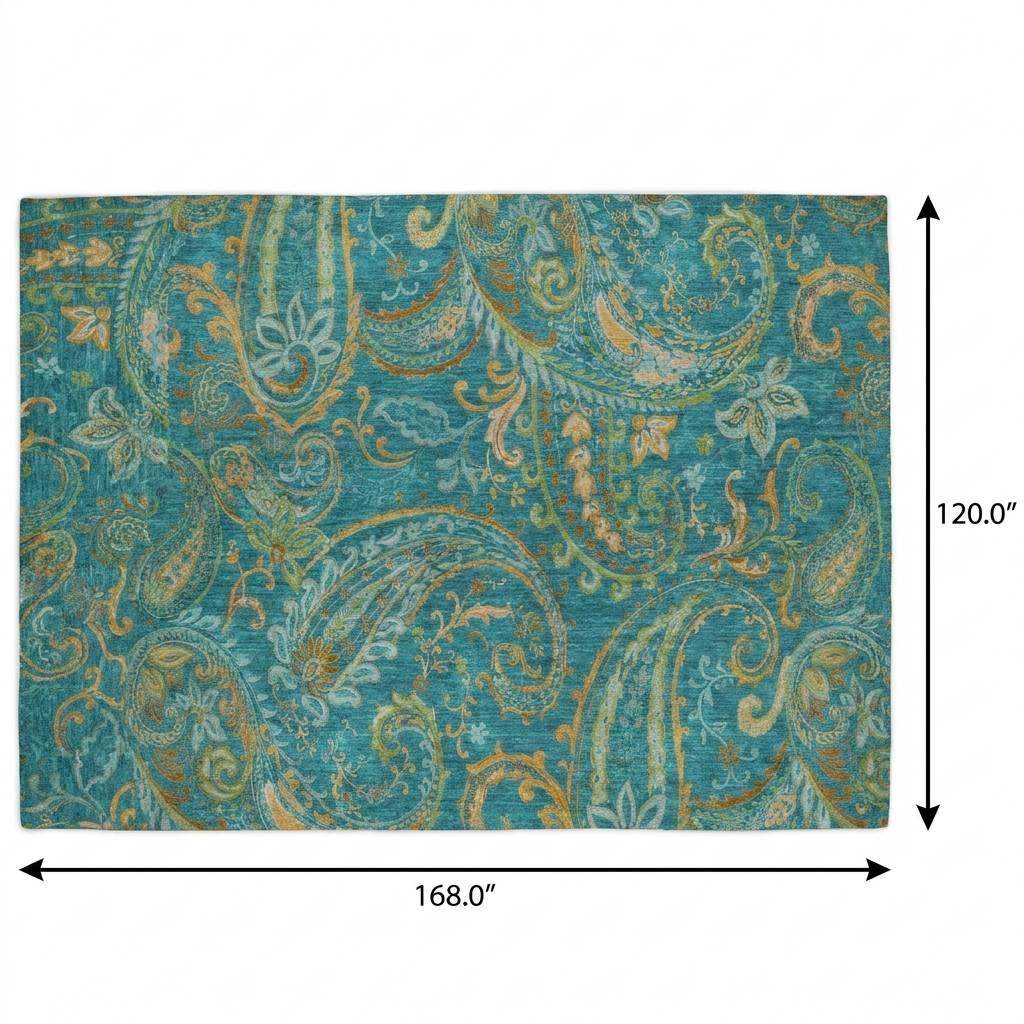10' X 14' Teal And Gold Paisley Shag Washable Area Rug With UV Protection - HomeRoots - Flyclothing LLC