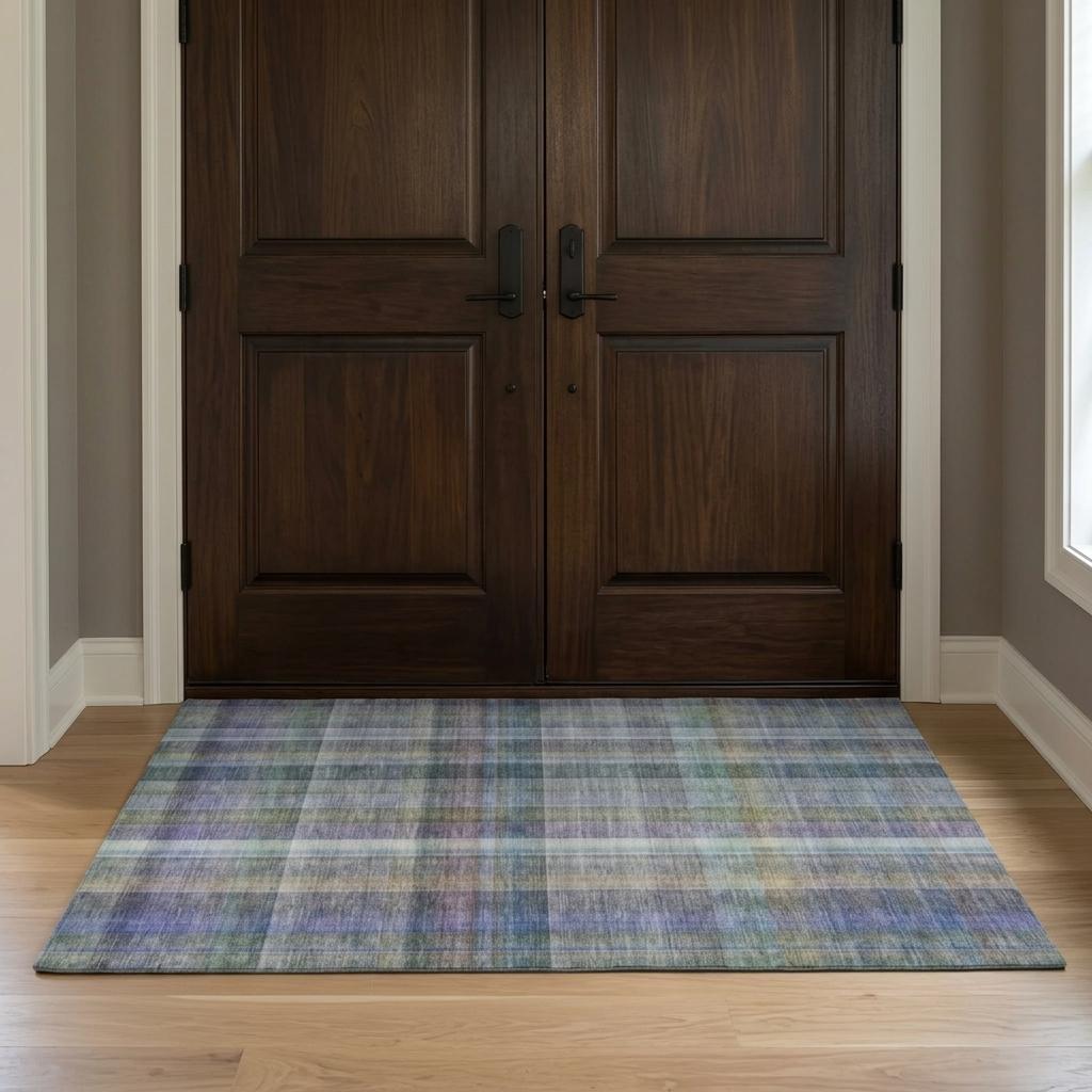 3' X 5' Green And Blue Plaid Shag Washable Area Rug With UV Protection - HomeRoots - Flyclothing LLC