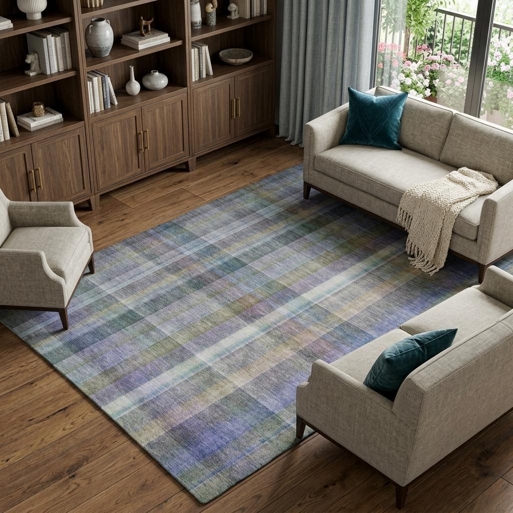 8' X 10' Green And Blue Plaid Shag Washable Area Rug With UV Protection - HomeRoots - Flyclothing LLC