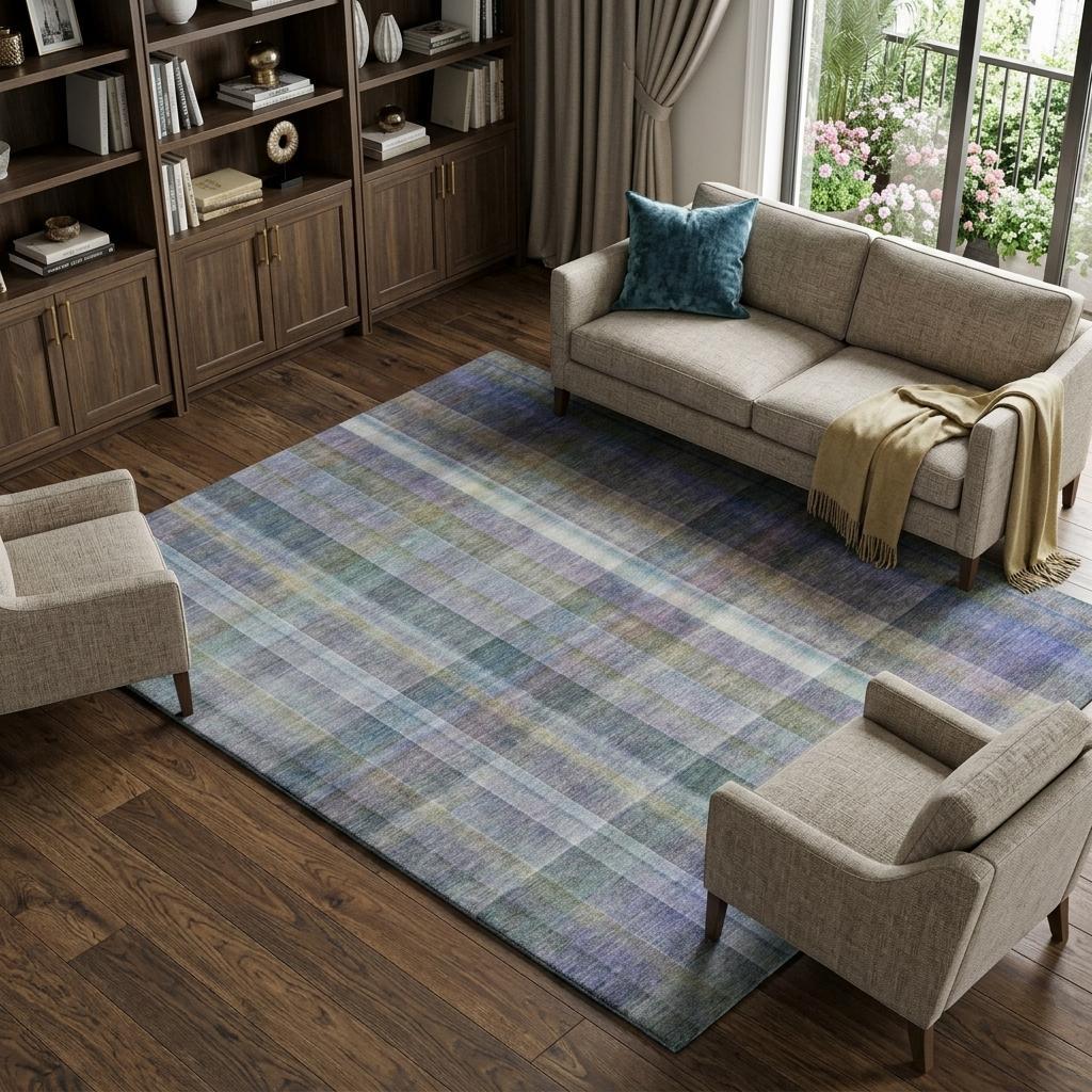 9' X 12' Green And Blue Plaid Shag Washable Area Rug With UV Protection - HomeRoots - Flyclothing LLC