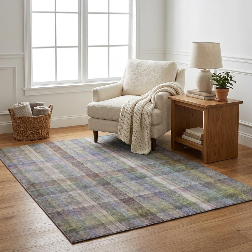 5' X 8' Pewter And Gray Plaid Shag Washable Area Rug With UV Protection - HomeRoots - Flyclothing LLC