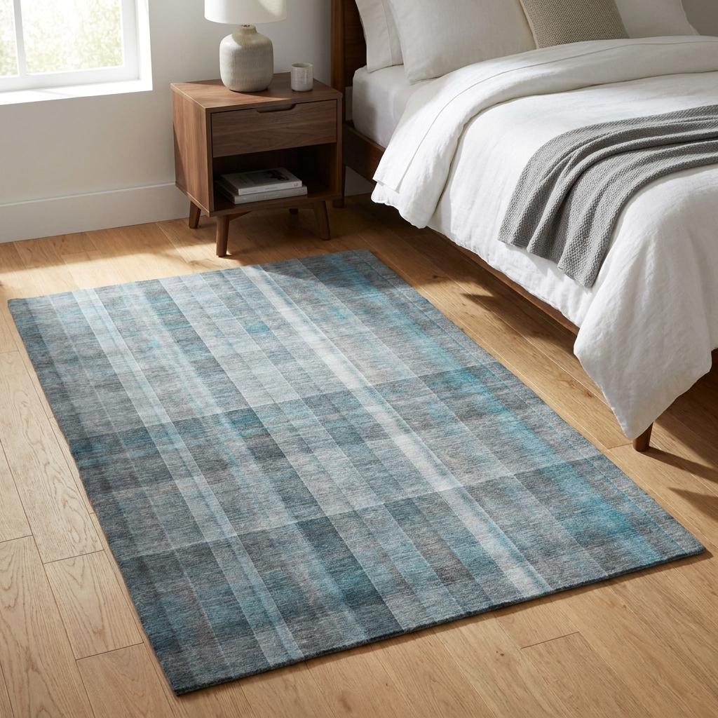 3' X 5' Teal And Gray Plaid Shag Washable Area Rug With UV Protection - HomeRoots - Flyclothing LLC