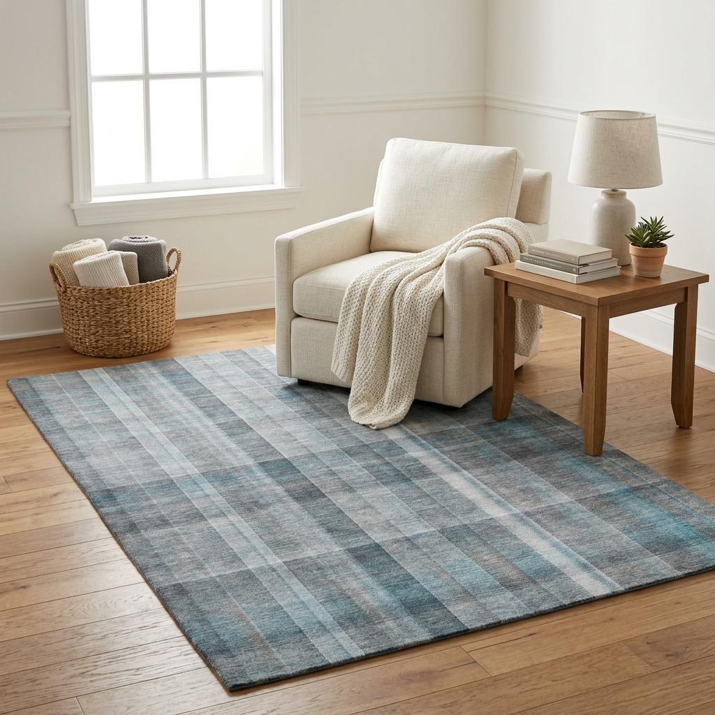 5' X 8' Teal And Gray Plaid Shag Washable Area Rug With UV Protection - HomeRoots - Flyclothing LLC