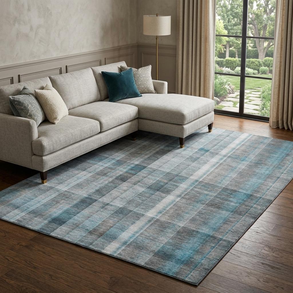 8' X 10' Teal And Gray Plaid Shag Washable Area Rug With UV Protection - HomeRoots - Flyclothing LLC