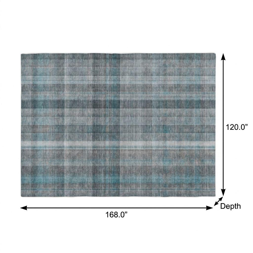 10' X 14' Teal And Gray Plaid Shag Washable Area Rug With UV Protection - HomeRoots - Flyclothing LLC
