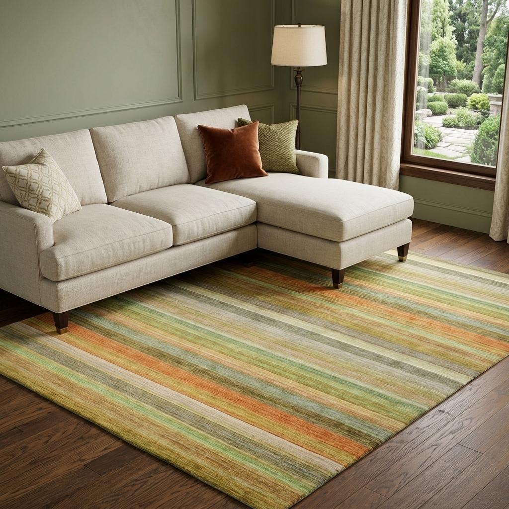 9' X 12' Green And Orange Striped Shag Washable Area Rug With UV Protection - HomeRoots - Flyclothing LLC