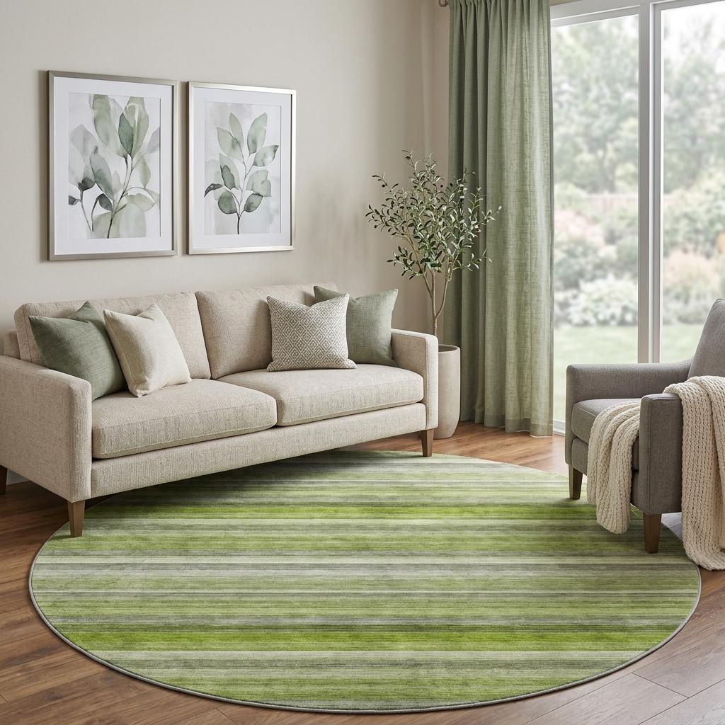 8' Fern Green And Olive Green Striped Shag Washable Round Rug With UV Protection - HomeRoots - Flyclothing LLC