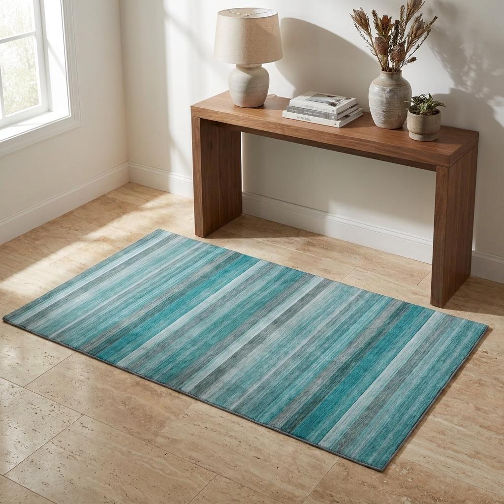 3' X 5' Teal And Gray Striped Shag Washable Area Rug With UV Protection - HomeRoots - Flyclothing LLC