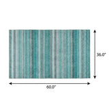 3' X 5' Teal And Gray Striped Shag Washable Area Rug With UV Protection - HomeRoots - Flyclothing LLC