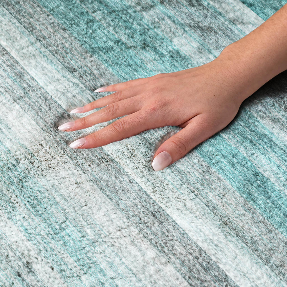 5' X 8' Teal And Gray Striped Shag Washable Area Rug With UV Protection - HomeRoots - Flyclothing LLC