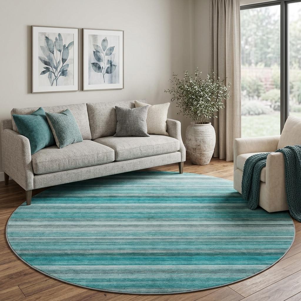 8' Teal And Gray Striped Shag Washable Round Rug With UV Protection - HomeRoots - Flyclothing LLC