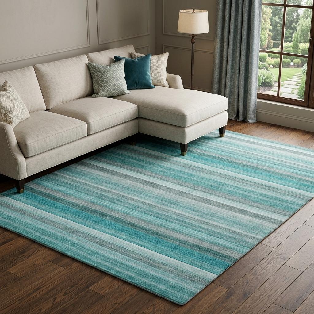9' X 12' Teal And Gray Striped Shag Washable Area Rug With UV Protection - HomeRoots - Flyclothing LLC