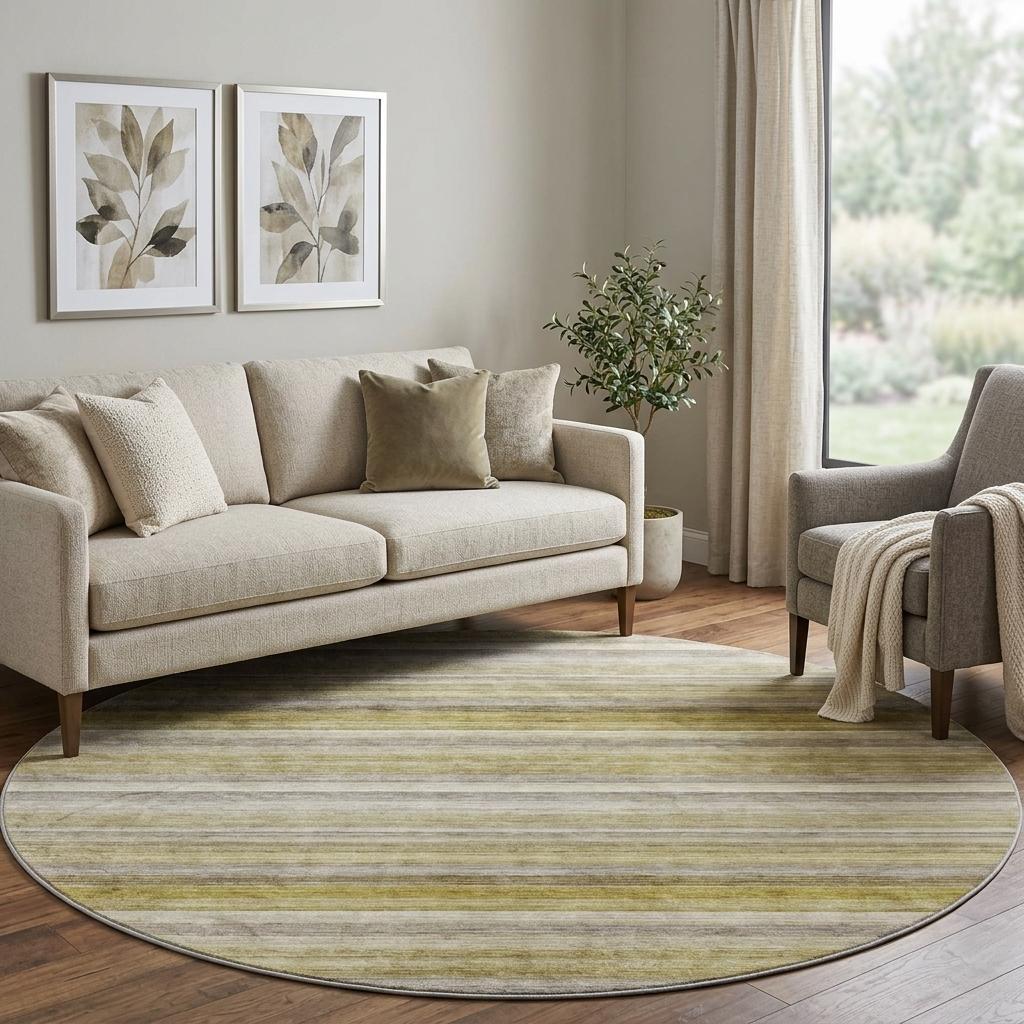 8' Wheat And Beige Striped Shag Washable Round Rug With UV Protection - HomeRoots - Flyclothing LLC