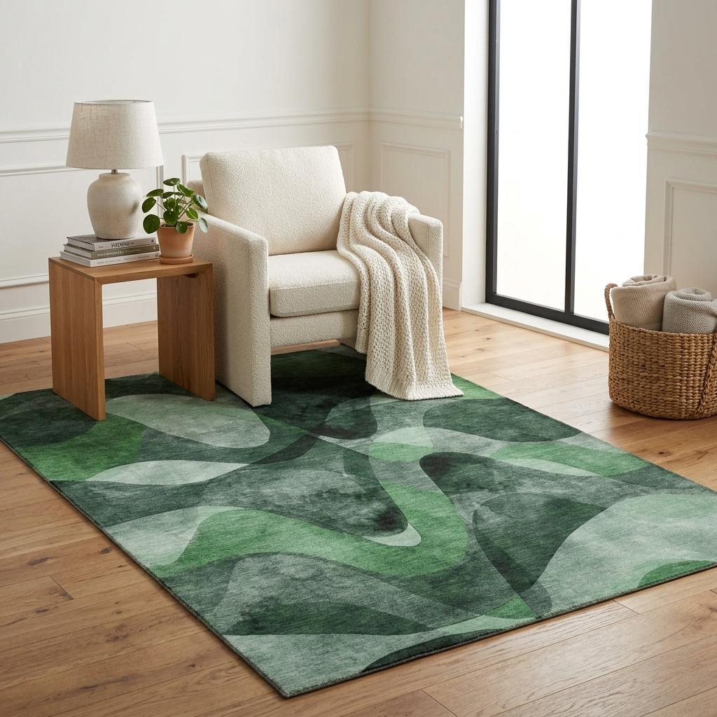 5' X 8' Fern Green And Ivory Abstract Shag Washable Area Rug With UV Protection - HomeRoots - Flyclothing LLC