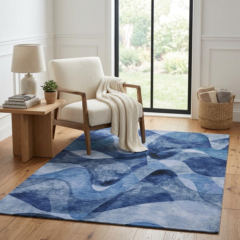 5' X 8' Navy Blue And Ivory Abstract Shag Washable Area Rug With UV Protection - HomeRoots - Flyclothing LLC