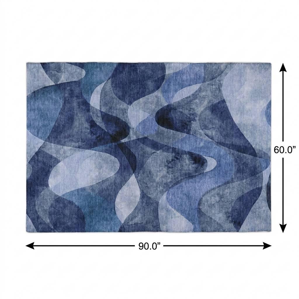 5' X 8' Navy Blue And Ivory Abstract Shag Washable Area Rug With UV Protection - HomeRoots - Flyclothing LLC