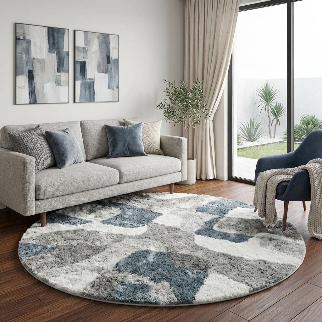 8' Navy Blue And Ivory Abstract Shag Washable Round Rug With UV Protection - HomeRoots - Flyclothing LLC