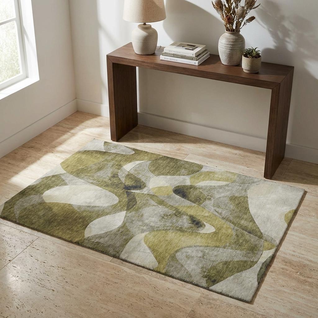 3' X 5' Olive Green And Fern Green Abstract Shag Washable Area Rug With UV Protection - HomeRoots - Flyclothing LLC