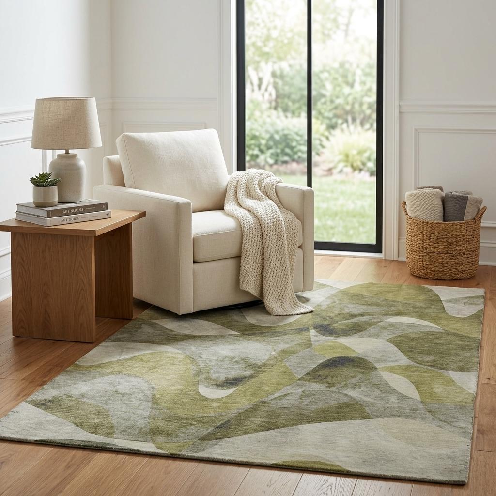5' X 8' Olive Green And Fern Green Abstract Shag Washable Area Rug With UV Protection - HomeRoots - Flyclothing LLC
