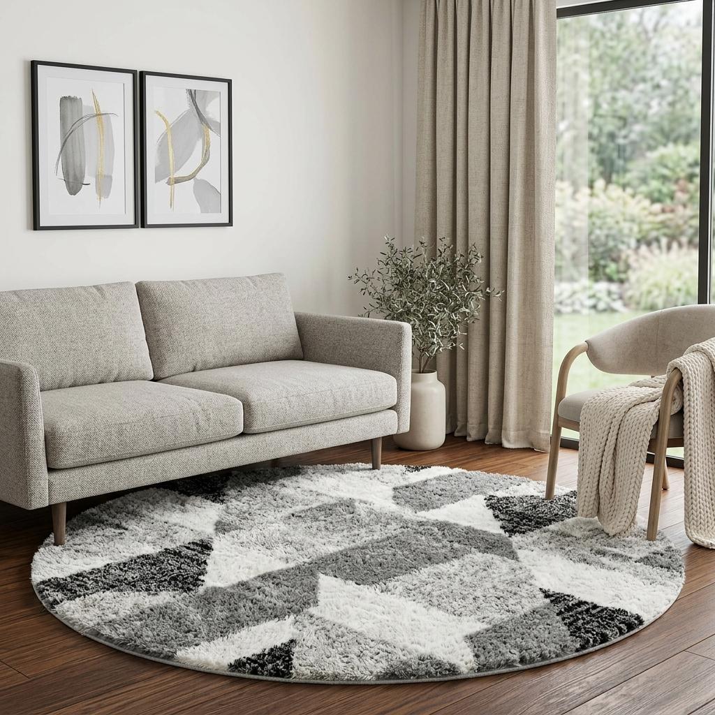 8' Teal And Ivory Abstract Shag Washable Round Rug With UV Protection - HomeRoots - Flyclothing LLC