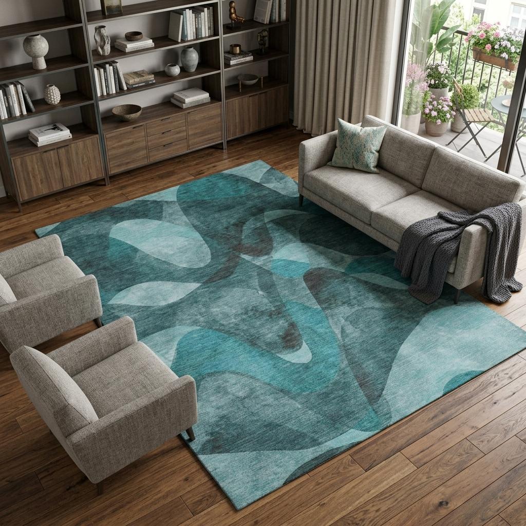 9' X 12' Teal And Ivory Abstract Shag Washable Area Rug With UV Protection - HomeRoots - Flyclothing LLC