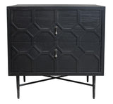 26" Black Iron and Solid Wood Distressed Carved Geometric Two Drawer Nightstand - HomeRoots - Flyclothing LLC
