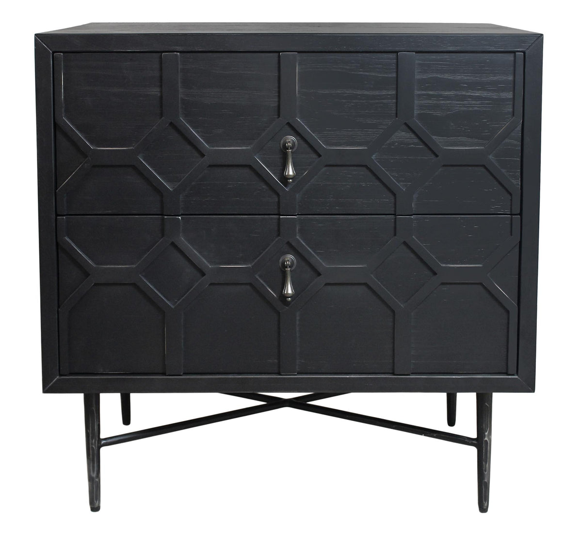 26" Black Iron and Solid Wood Distressed Carved Geometric Two Drawer Nightstand - HomeRoots - Flyclothing LLC