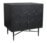 26" Black Iron and Solid Wood Distressed Carved Geometric Two Drawer Nightstand - HomeRoots - Flyclothing LLC