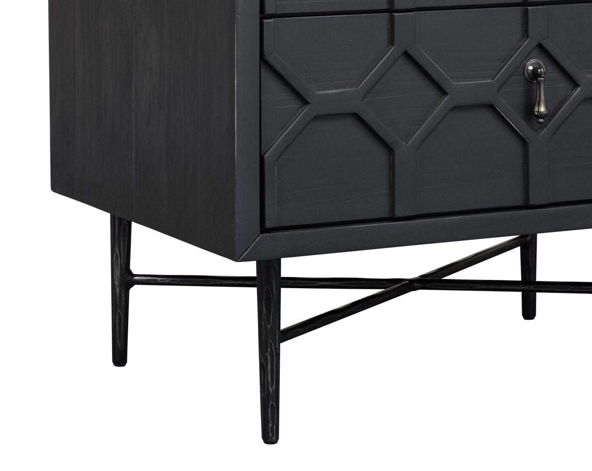 26" Black Iron and Solid Wood Distressed Carved Geometric Two Drawer Nightstand - HomeRoots - Flyclothing LLC