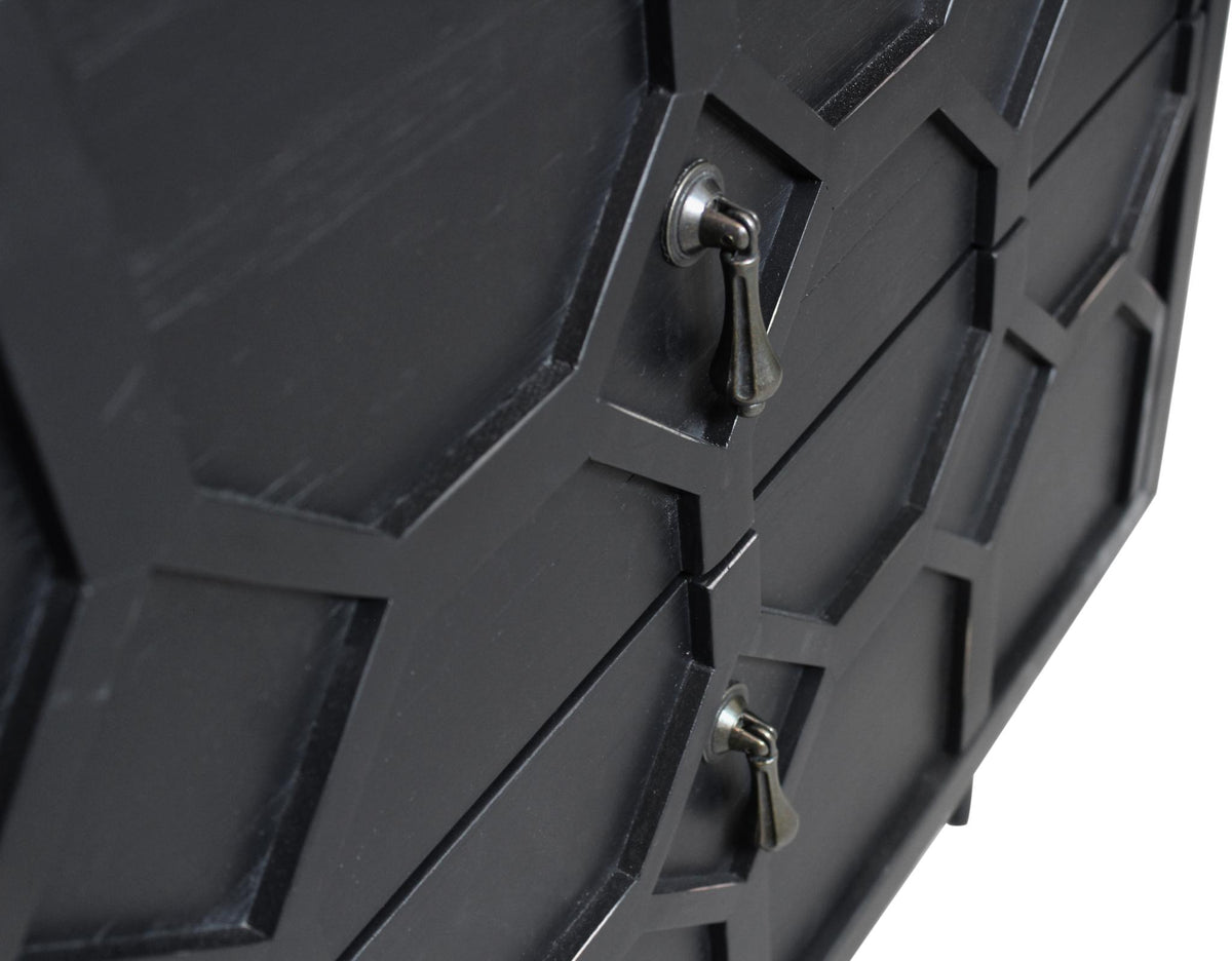 26" Black Iron and Solid Wood Distressed Carved Geometric Two Drawer Nightstand - HomeRoots - Flyclothing LLC