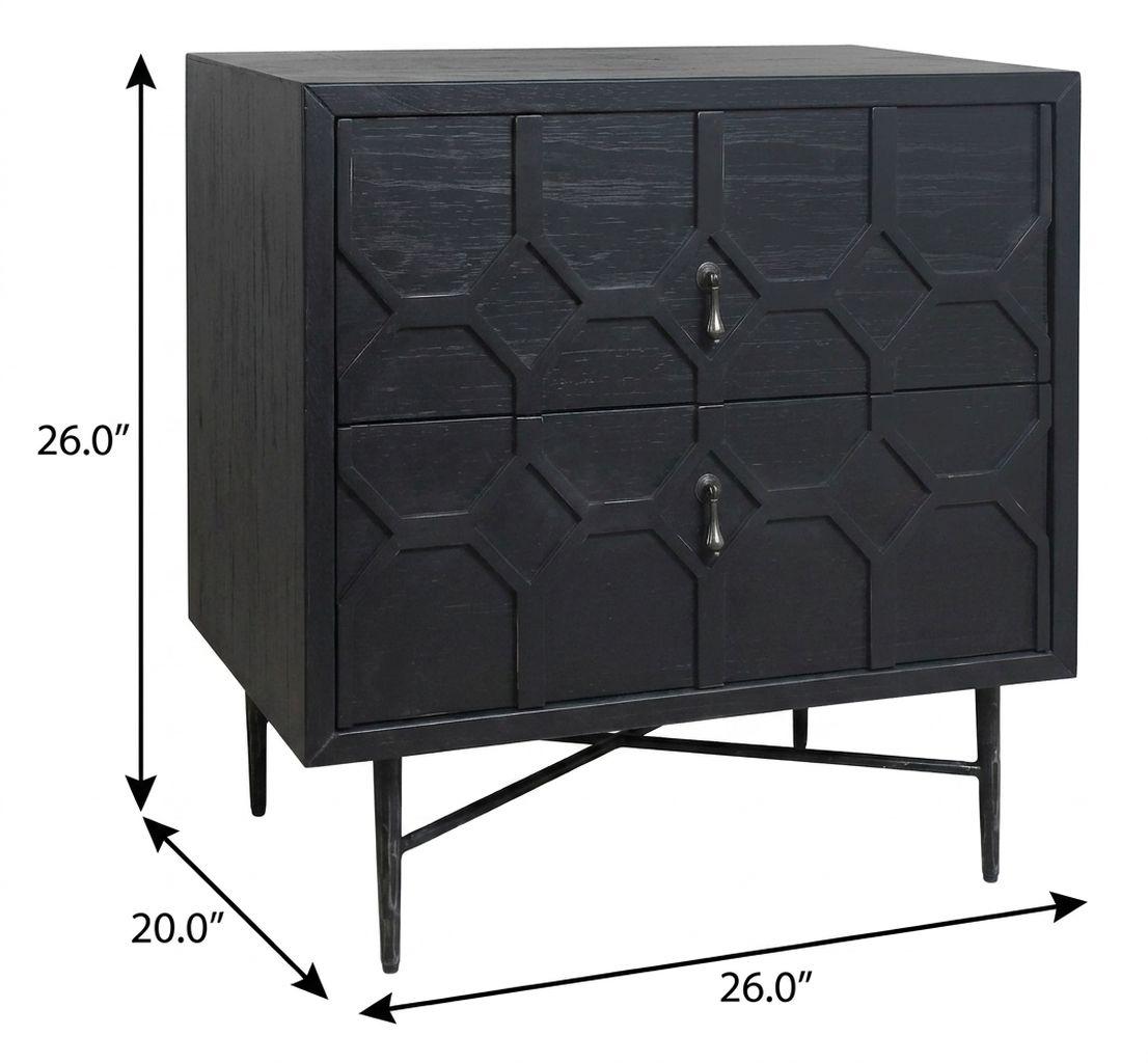 26" Black Iron and Solid Wood Distressed Carved Geometric Two Drawer Nightstand - HomeRoots - Flyclothing LLC