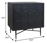 26" Black Iron and Solid Wood Distressed Carved Geometric Two Drawer Nightstand - HomeRoots - Flyclothing LLC