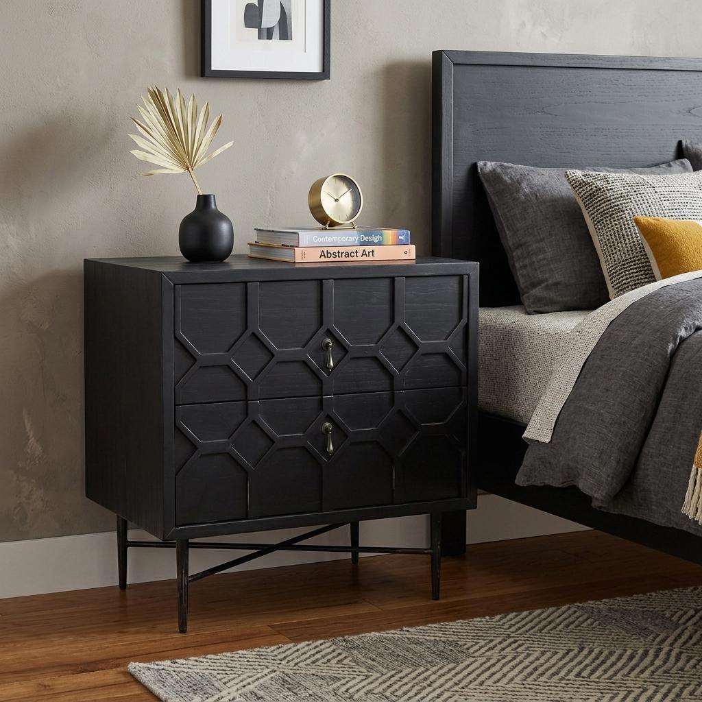 26" Black Iron and Solid Wood Distressed Carved Geometric Two Drawer Nightstand - HomeRoots - Flyclothing LLC