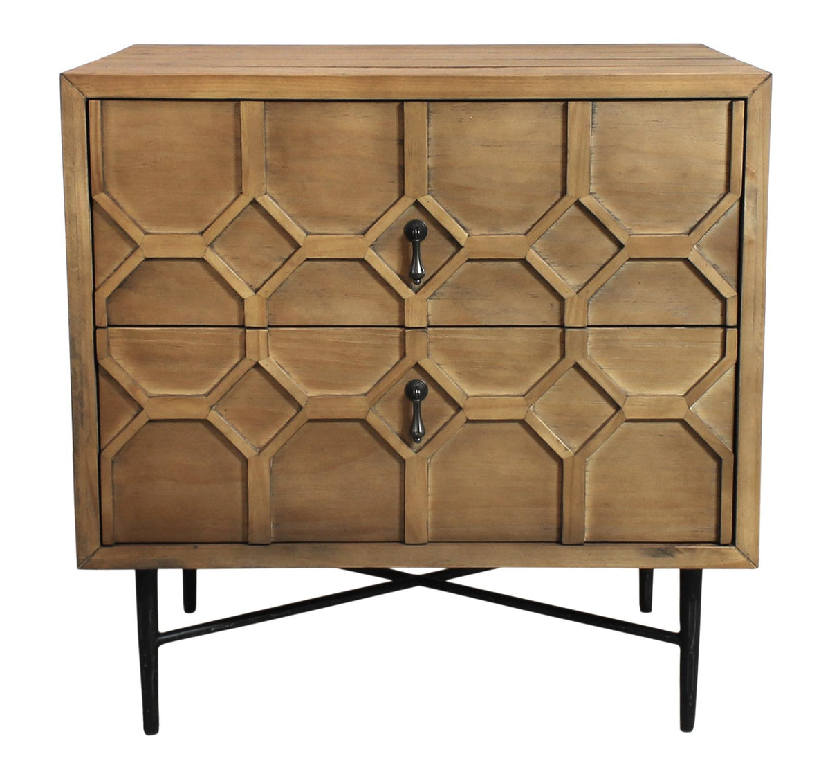 26" Natural Iron and Solid Wood Distressed Carved Geometric Two Drawer Nightstand - HomeRoots - Flyclothing LLC