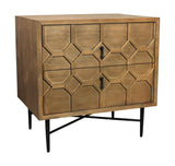 26" Natural Iron and Solid Wood Distressed Carved Geometric Two Drawer Nightstand - HomeRoots - Flyclothing LLC