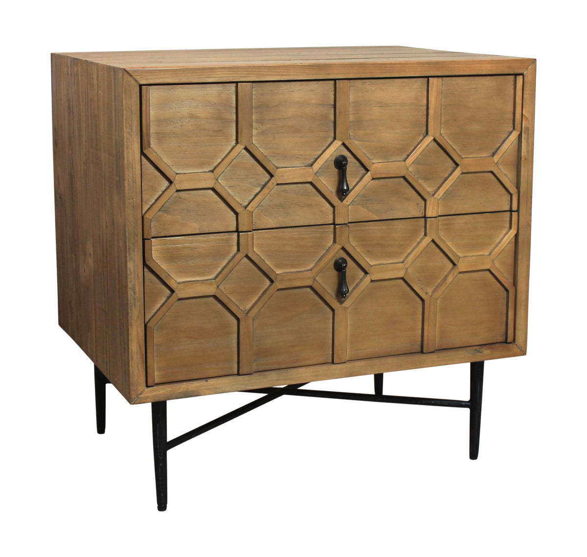 26" Natural Iron and Solid Wood Distressed Carved Geometric Two Drawer Nightstand - HomeRoots - Flyclothing LLC