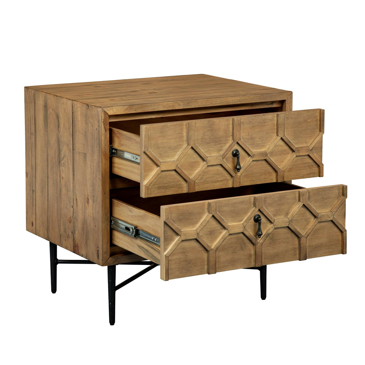 26" Natural Iron and Solid Wood Distressed Carved Geometric Two Drawer Nightstand - HomeRoots - Flyclothing LLC
