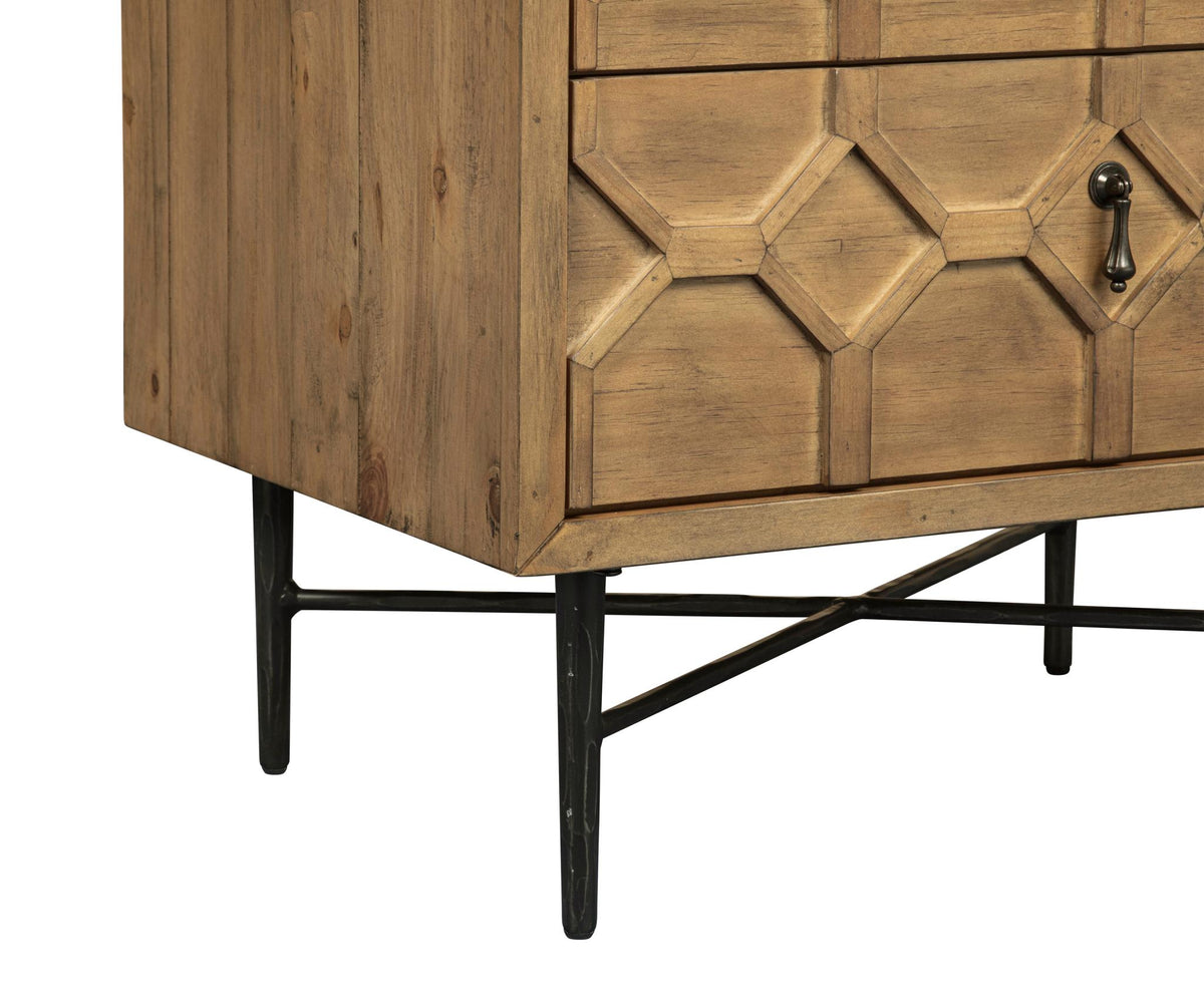 26" Natural Iron and Solid Wood Distressed Carved Geometric Two Drawer Nightstand - HomeRoots - Flyclothing LLC