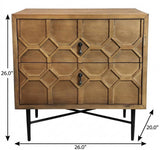 26" Natural Iron and Solid Wood Distressed Carved Geometric Two Drawer Nightstand - HomeRoots - Flyclothing LLC