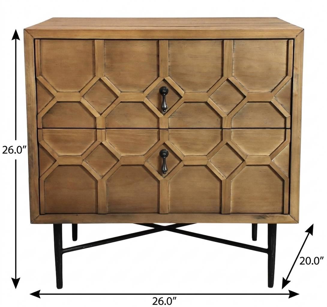 26" Natural Iron and Solid Wood Distressed Carved Geometric Two Drawer Nightstand - HomeRoots - Flyclothing LLC