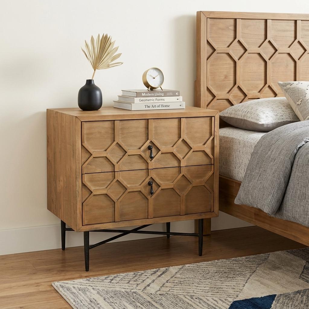 26" Natural Iron and Solid Wood Distressed Carved Geometric Two Drawer Nightstand - HomeRoots - Flyclothing LLC