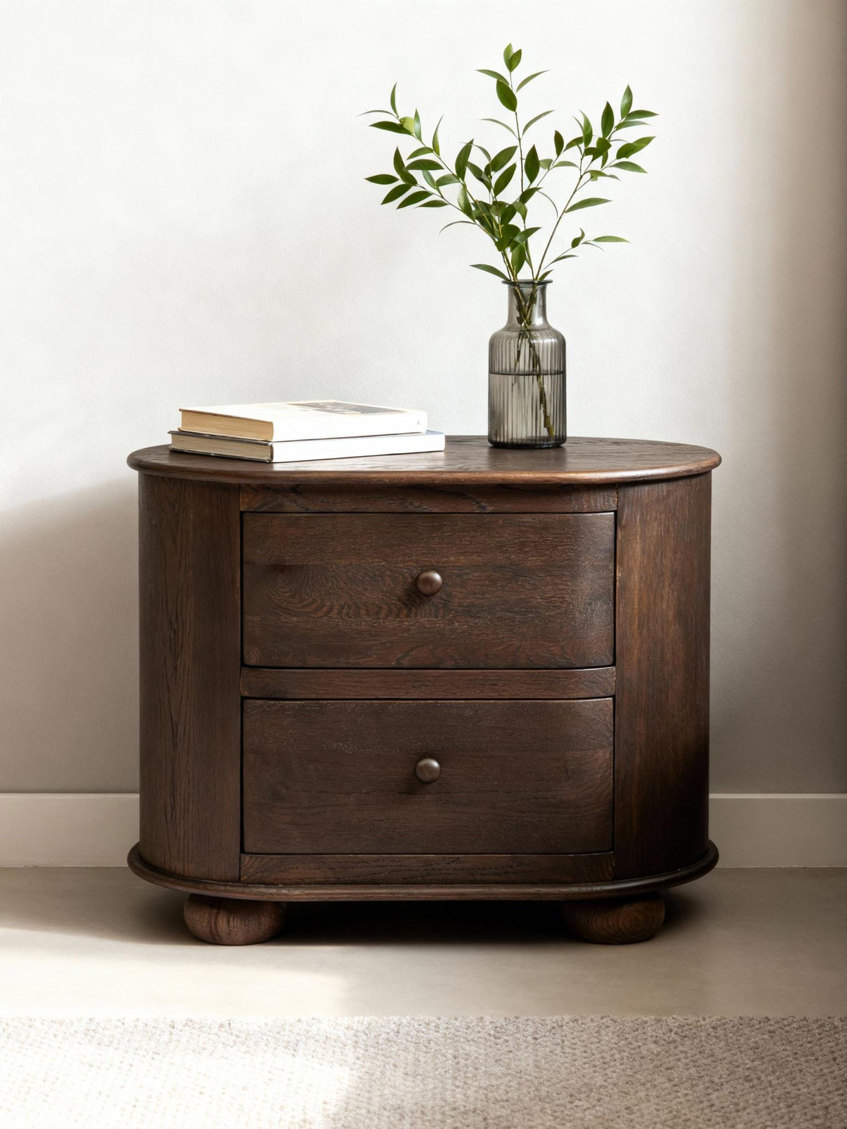 26" Brown Solid Wood Oval Distressed Two Drawer Nightstand - HomeRoots - Flyclothing LLC
