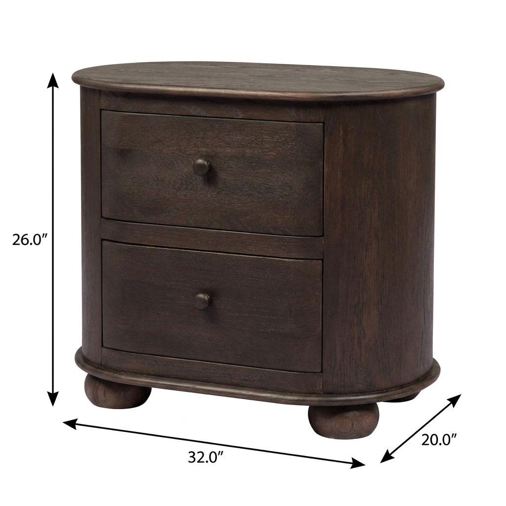26" Brown Solid Wood Oval Distressed Two Drawer Nightstand - HomeRoots - Flyclothing LLC