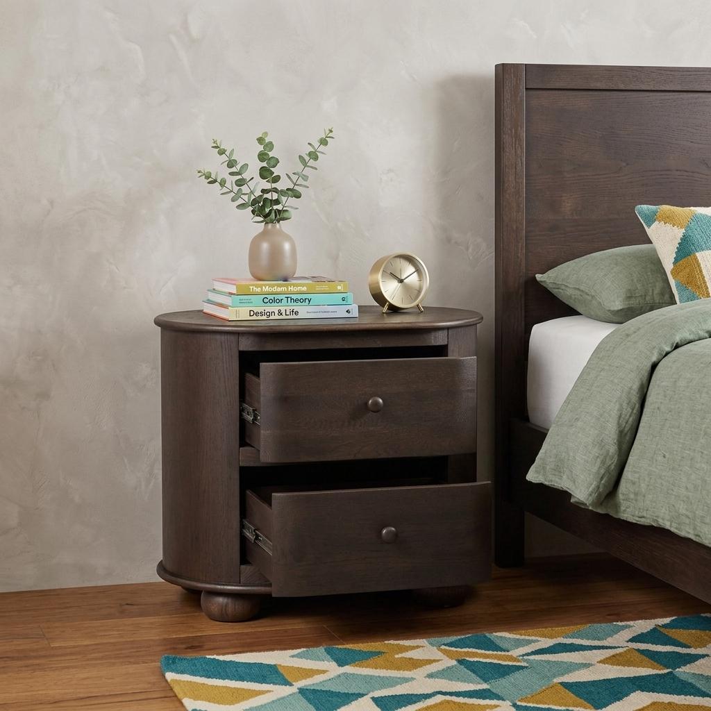 26" Brown Solid Wood Oval Distressed Two Drawer Nightstand - HomeRoots - Flyclothing LLC