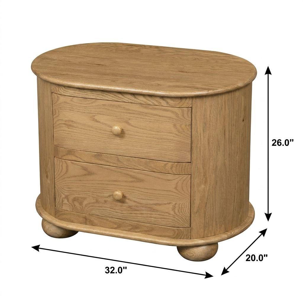 26" Natural Solid Wood Oval Distressed Two Drawer Nightstand - HomeRoots - Flyclothing LLC