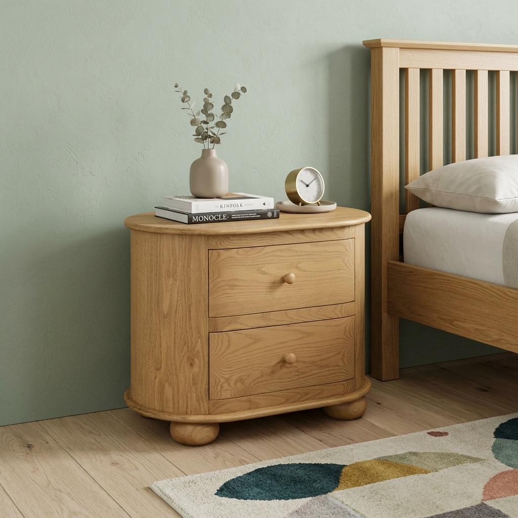 26" Natural Solid Wood Oval Distressed Two Drawer Nightstand - HomeRoots - Flyclothing LLC