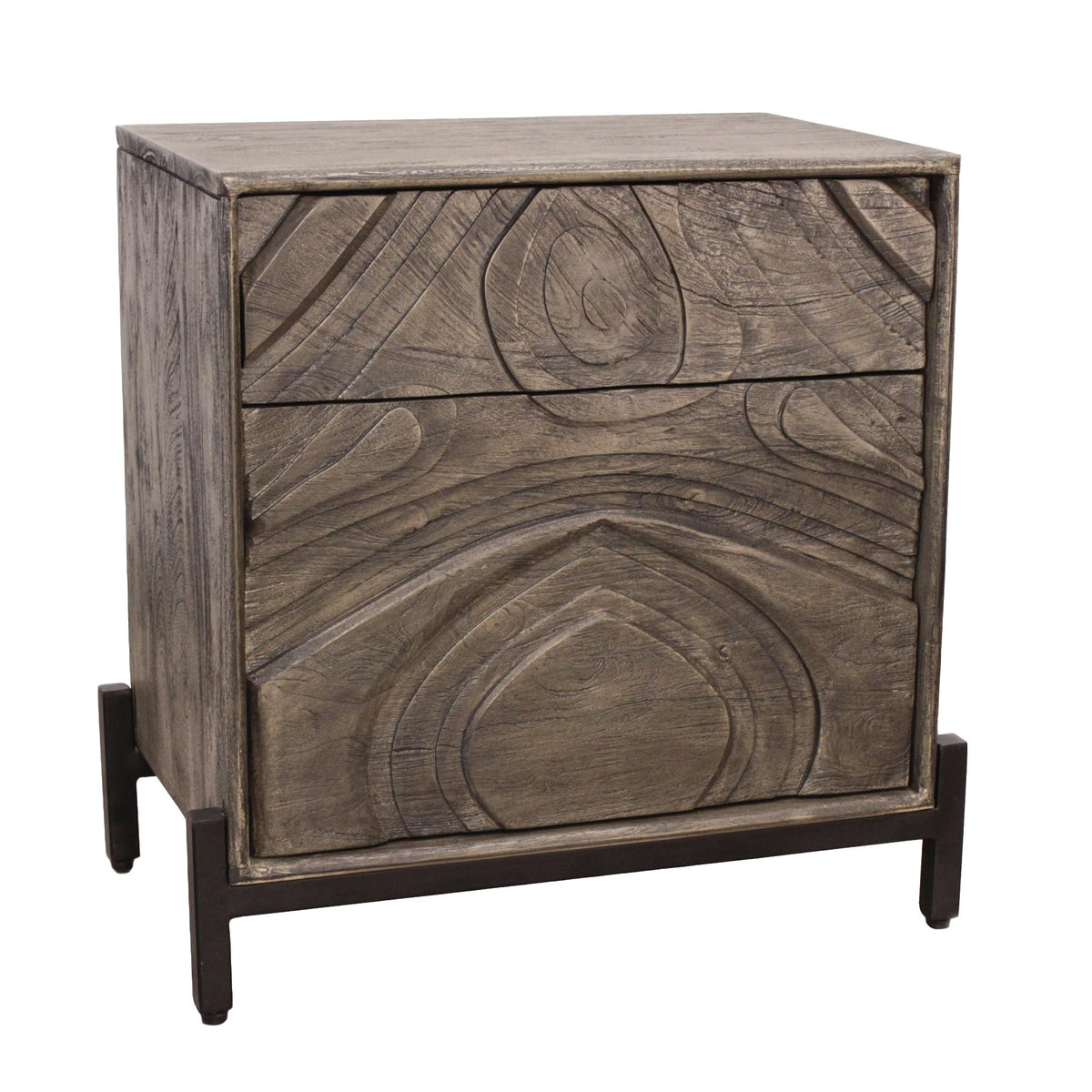 24" Ash Gray Solid Wood Distressed Carved Abstract One Drawer Nightstand - HomeRoots - Flyclothing LLC