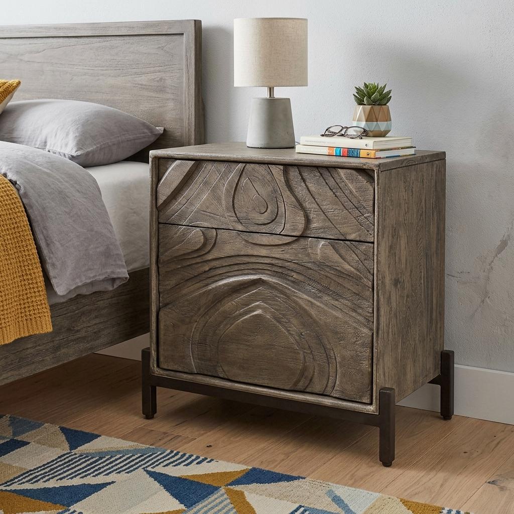 24" Ash Gray Solid Wood Distressed Carved Abstract One Drawer Nightstand - HomeRoots - Flyclothing LLC