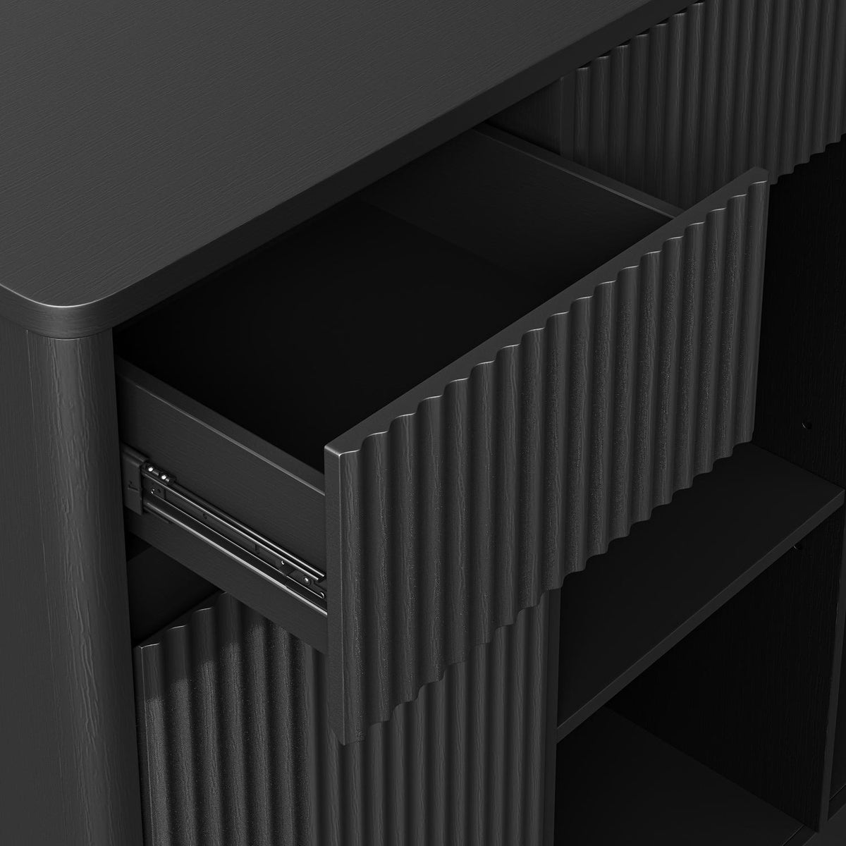 53" Black Wood Ribbed Texture Bar Cabinet With Two Doors And Two Drawers - HomeRoots - Flyclothing LLC