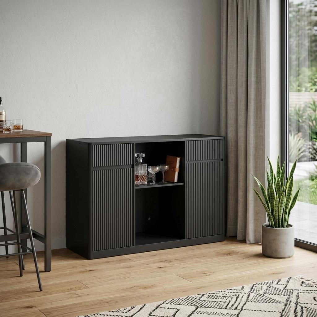 53" Black Wood Ribbed Texture Bar Cabinet With Two Doors And Two Drawers - HomeRoots - Flyclothing LLC